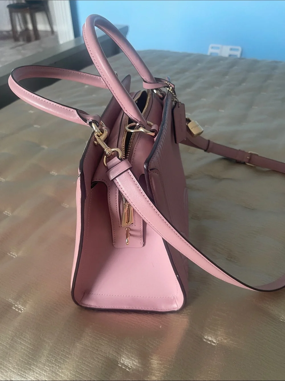 Coach Quilted Leather Satchel in Light Pink with Gold Hardware
